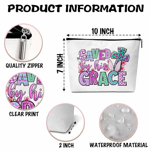 ONDTOM Happy Easter Gifts for Women Friends, Easter Bunny Makeup Bag, Saved By His Grace Teacher Appreciation Gifts -B14