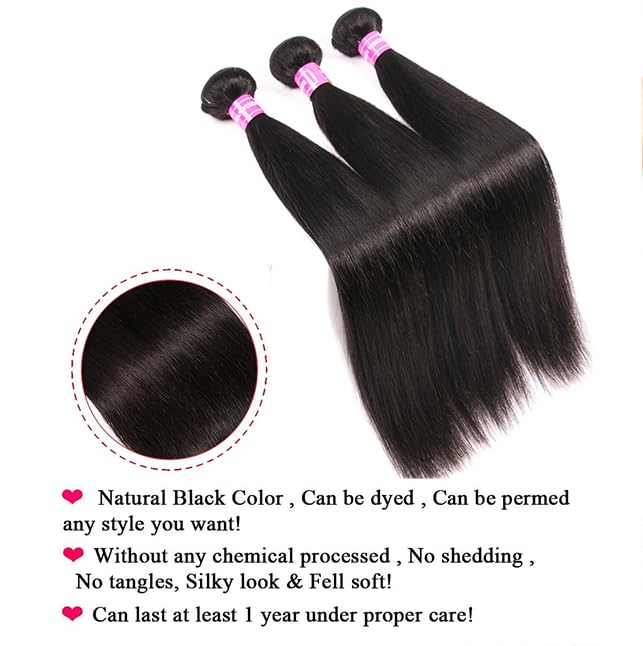 12A Human Hair Bundles 22 24 26 Inch Brazilian Straight Hair 3 Bundles 100% Unprocessed Virgin Human Hair Weave Straight Hair Extensions Natural Black（22 24 26）