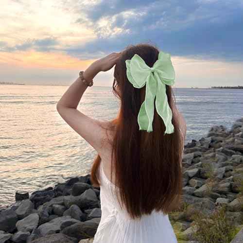 2Pcs Large Emerald Green Silk Hair Bows for Women Long Tail French Barrettes Wedding, Christmas Hair Clips for Thick Hair