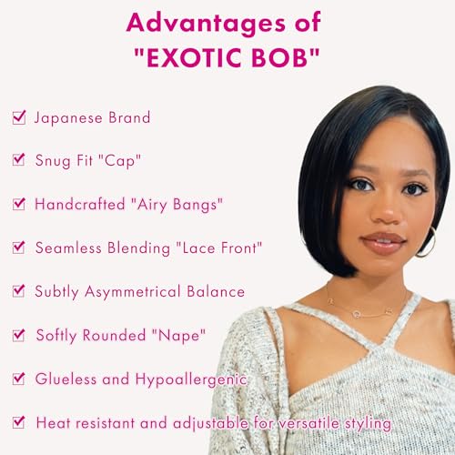 Exotic Bob Wig for Black Women - Snug Fit Cap, Handcrafted Airy Bangs, Seamless Lace Front, Asymmetrical, Rounded Nape, Glueless, Hypoallergenic, Heat Resistant (Natural Black)