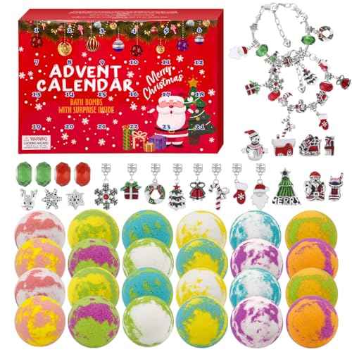 Advent Calendar 2025, 24 Piece Christmas Bath Bombs for Kids, 24 Days of Surprise Bath Bombs for Kids with Christmas Themed Jewelrys Inside