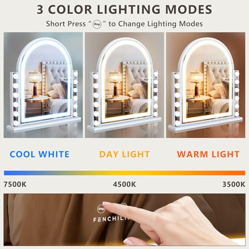 FENCHILIN Arch Vanity Mirror with Light 23.4"x22.4" Arched Makeup Mirror Lighted Hollywood Mirror with 12 Dimmable Bulbs and Light Strip with Smart Control 3 Color Modes White