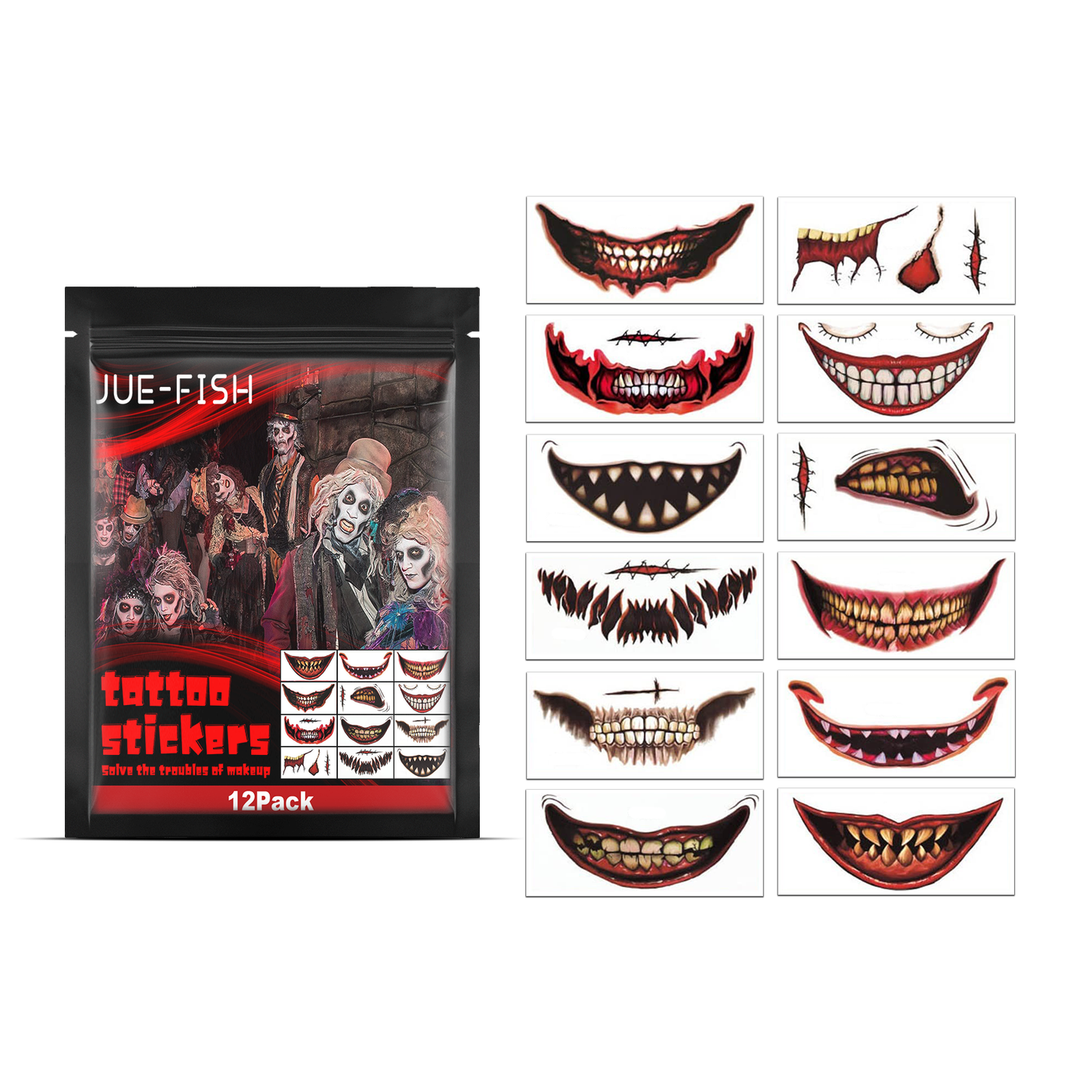 Halloween Scary Mouth Temporary Tattoos - 12 Pack Clown Joker Face Stickers