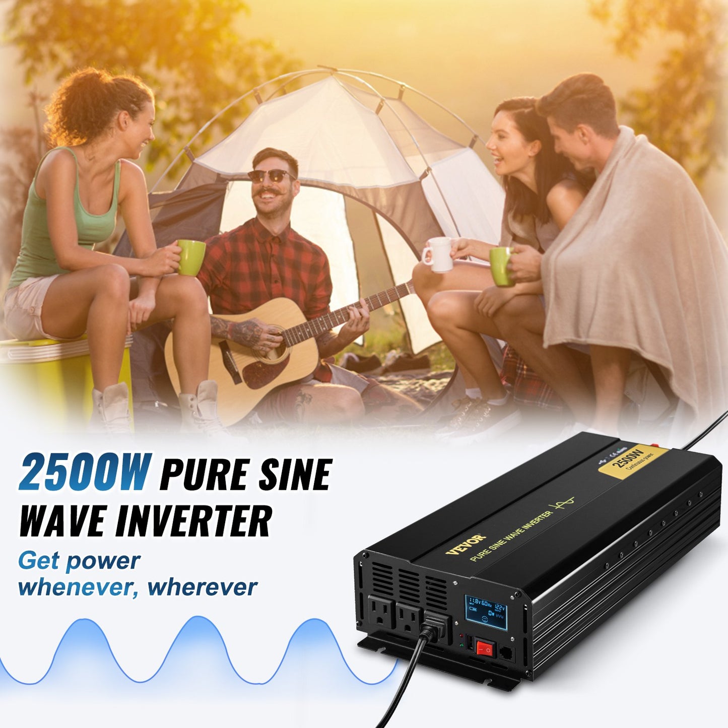 2500W Pure Sine Wave Power Inverter DC 12V to AC 120V with USB LCD Remote