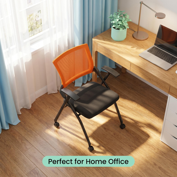 Stackable Folding Office Chair with Wheels - Ergonomic Padded Seat, 350lbs Capacity, Orange
