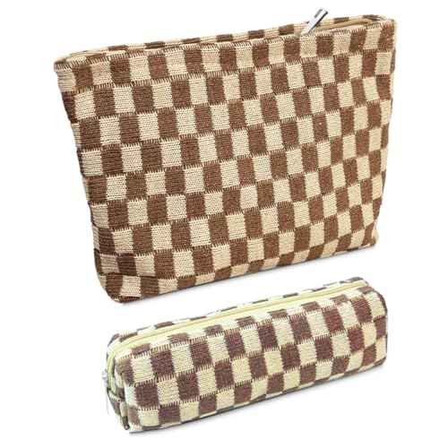 2 Pcs Small Makeup Bag, Checkered Cosmetic Bag and Makeup Brush Storage Bag Mini Makeup Pouch for Purse Cute Travel Cosmetic Bag Organizer Aesthetic Accessories Storage Bag Travel Essentials for Women