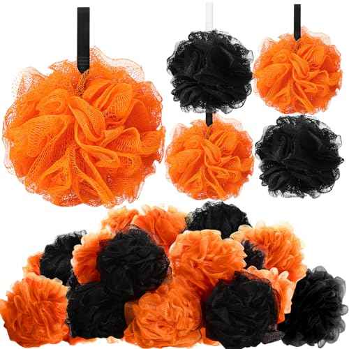24 Pcs Halloween Bath Loofah Sponge Orange Black Loofah Exfoliating Body Scrubber Shower Sponge 50g Mesh Shower Pouf Balls Gift Set for Women Men Christmas Bathing Accessories(Orange,Black)