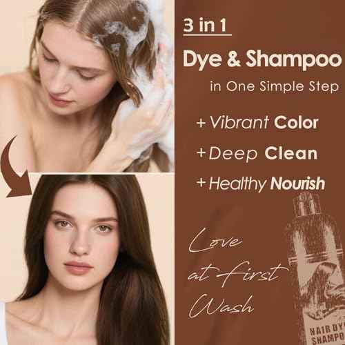 Hair Dye Shampoo 3 in 1, Herbal Hair Color Shampoo for Gray Coverage, Long-Lasting Natural & Vibrant Shades for Women & Men, Easy At-Home Application 16.9 Fl Oz (Dark Brown)