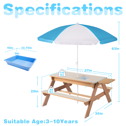3-in-1 Kids Outdoor Wooden Picnic Table with Umbrella & Sand/Water Kettle