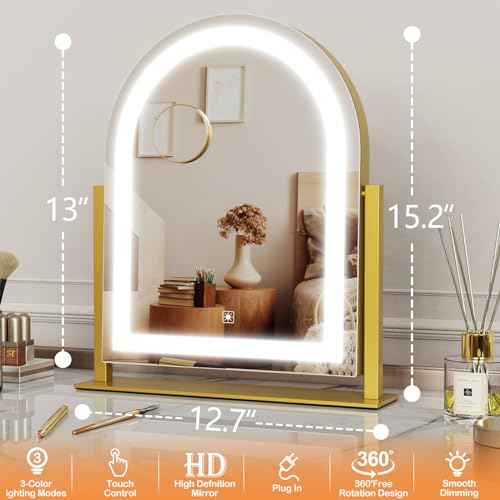Lighted Makeup Mirror, Hollywood Vanity Mirror with Lights, Three Color Lighting Modes, LED Mirror, Smart Touch Control, 360¡ÆRotation (15.2in. Curved)