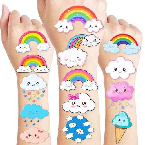 Generic 96 PCS Cute Cloud Temporary Tattoo Stickers Theme Pastel Rainbow Birthday Party Decorations Supplies Decor Favors Gifts for Boys Girls School Classroom Prizes Rewards