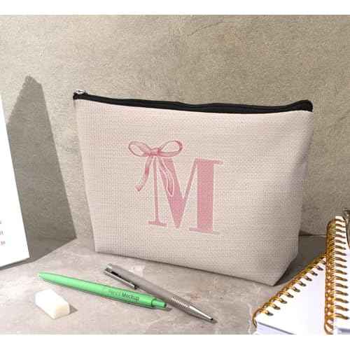 Initial Coquette Pink Bow Custom Makeup Bag,initial M Personalized Teen Girl Gifts,Trendy Preppy Cute Monogrammed Gifts Girly Makeup Pouch Zipper Pouch for Women Teen Girl