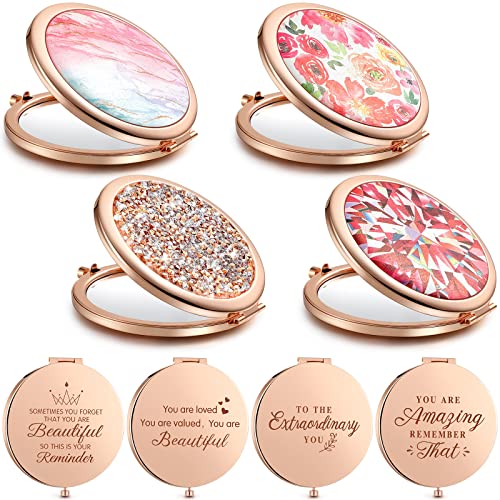 Chunful 4 Pcs Floral Compact Mirror for Women Christmas Bulk Gift Rhinestone Rose Gold Pocket Mirror Vintage Engraved Pocket Makeup Double Sided with 1x/2x Magnifying for Bridesmaid Wedding Gifts