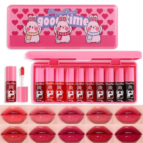 10 Colors Lip Tint Stain Set,Korean Lip Gloss,Watery Lip Stain Mini Liquid Lipstick Waterproof,Moisturizing Lip Stain Set Multi-Use Lip and Cheek Tint,Non-Stick Cup,Lightweight,Vivid Color Lip Makeup