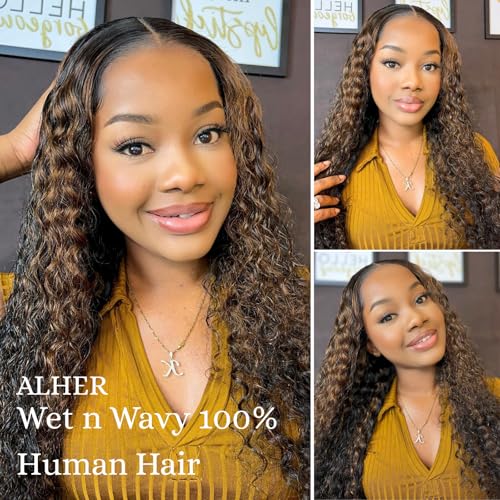 ALHER #1B/27 Skunk Stripe Highlight Water Wave Bundles 26 Inch, Balayage Ombre Black with Blonde Wet and Wavy Curly Single Bundle, 100% Unprocessed Virgin Remy Human Hair Soft Thick Sew In Double Weft