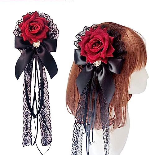 Flower Hair Combs, Rose Bow Hairpin Lace Ribbon ElegantCute Retro Handmade Hair Bride Accessories for Party Wedding Red Birthday Halloween Cosplay Women Girl Decoration