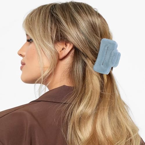4 PACK Large Hair Claw Clips, Faux Fur Plush Hair Catch Barrette Jaw Clamp, Cute Square Furry Claw Clips for Thick Curly Hair Catch Accesories for Women and Girls