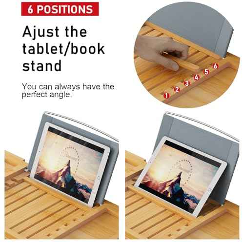 Foldable Bamboo Bathtub Caddy Tray Expandable for Luxury Bath, Bath Accessories & Table with Wine Glass Holder, Book Stand Bathroom Organizer with Extending Sides for Men/Women