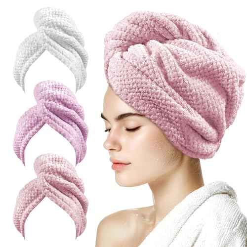 3 Pack Hair Towel Wrap for Women, 25.4" x 9.8" Microfiber Towels, Super Absorbent Quick Dry with Button for Curly Hair Anti Frizz (Pink,White,Purple)