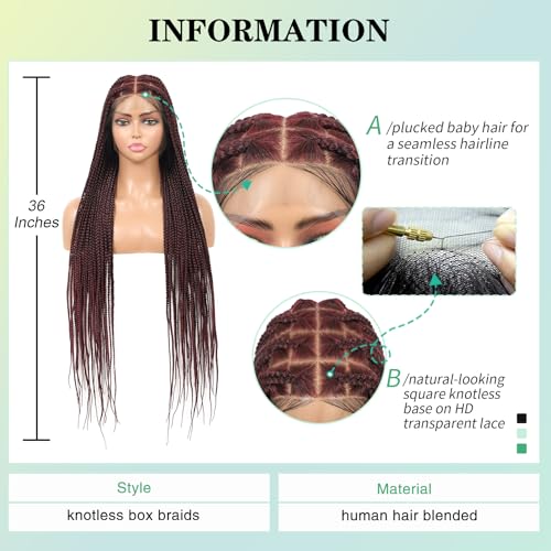 360 HD Full Lace Knotless Braided Wigs with Baby Hair Box Braid Wig for Women Premium Synthetic Burgundy Natural Braided Lace Front Wigs 36 Inch