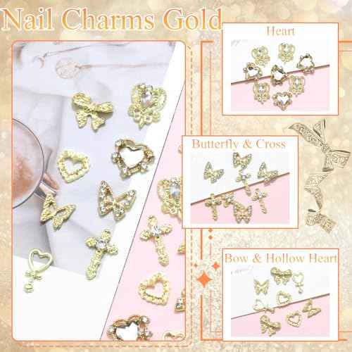 105PCS Y2K Nail Charms 3D Silver Gold Nail Charms Shiny Butterfly Charms for Women Nail Art