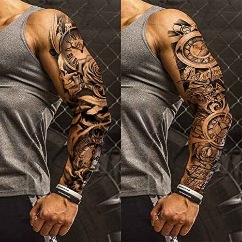 4 Sheets Black Full Arm Flower Clock Mask Rose Gun Cross Body Art Temporary Tattoo Stickers