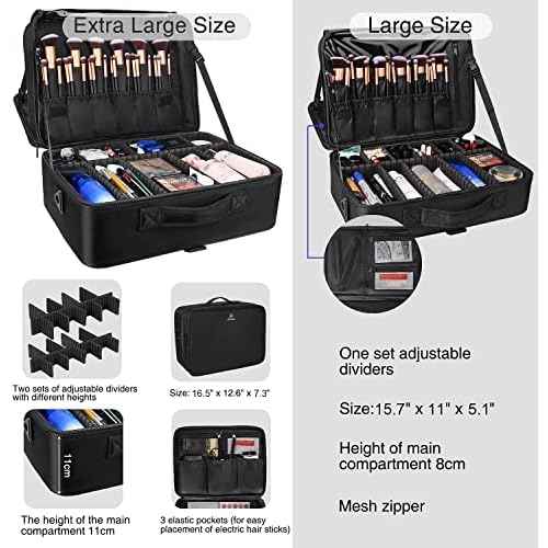Relavel Extra Large Makeup Case Travel Makeup Train Case Professional Makeup Artist Bag Portable Nail Organizer Box Art Supply Case with Adjustable Dividers/Attach to Trolley/Shoulder Strap (Black)