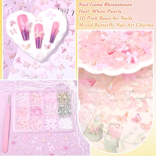 3D Pink Butterfly Nail Charms, Multi Styles Bow Tie Nail Charms and Rhinestones, Summer Butterfly Nails Bow Half White Pearls Charms for Acrylic Nails Art DIY Acessories