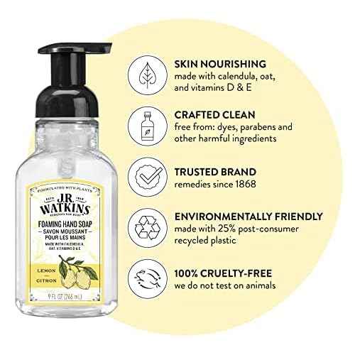 J.R. Watkins Foaming Hand Soap with Pump Dispenser, Moisturizing Foam Hand Wash, Alcohol-Free, Cruelty-Free, Lemon, 9 fl oz, 3 Pack