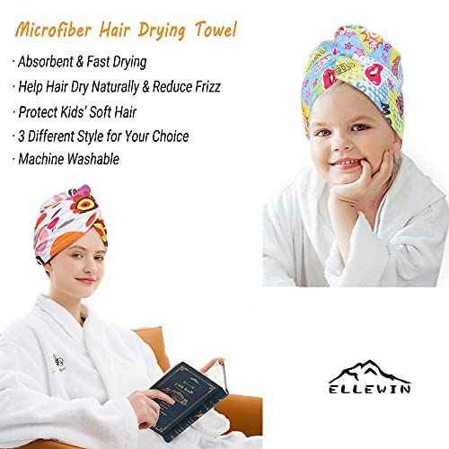 ELLEWIN Microfiber Hair Drying Towels for Kids, 3 Pack Wet Hair Towel Wrap Turban for Girls Children Women, Quick Dry Twisty Hair Towels Wrap for Curly Long Thick Hair Anti Frizz