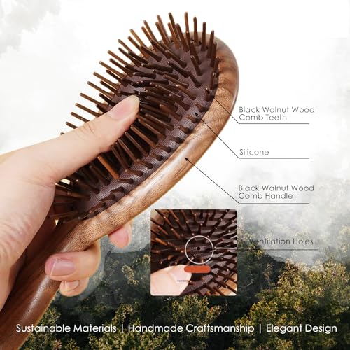 Lindale Walnut Wooden Hair Brush for Hair Growth with Natural Walnut Bristles Detangler Paddle Hairbrush for Massaging Scalp for Women Men, Reduces Static for Curly Hair with Ergonomic Handle Long