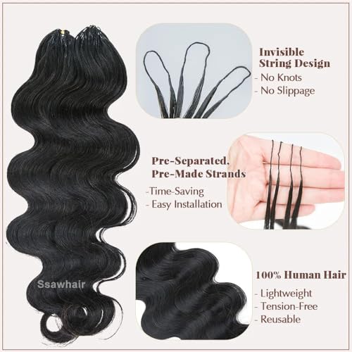 Body Wave Crochet Human Hair Knotless Pre-Separated Braid Virgin Human Hair With String Pre-Looped Reusable Feather Crochet Hair Extensions 20Inch 60g 50Strands