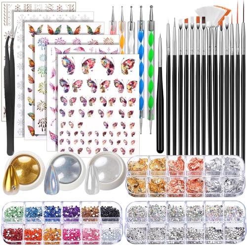 FANDAMEI Nail Art Kit, Nail Design Kit, Nail Brushes, Nail Decorations For Nail Art, Rhinestones For Nails, Nail Stickers, Pearl Chrome Nail Powder, Chrome Powder For Nails, Nail Design Tools