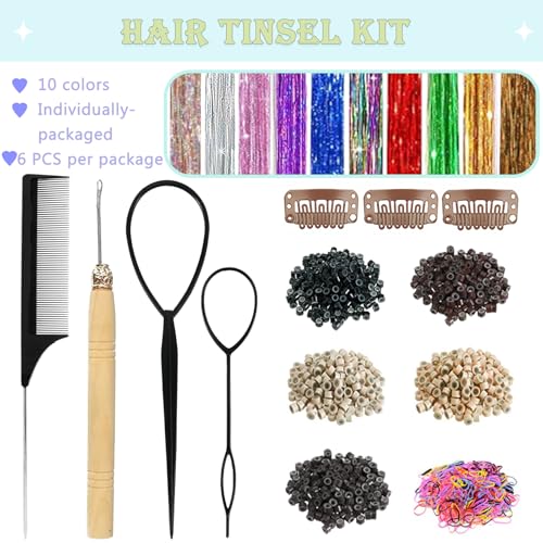 Hair Tinsel, Hair Tinsel Kit for Girls 1800 Strands Fairy Tinsel Hair Extensions Holographic Hair Tinsel Heat Resistant Colored Hair Glitter Christmas Party Festival (N/Pink)