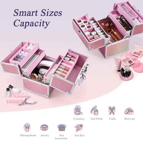 Frenessa Makeup Case Makeup Box Cosmetic Organizer Case Portable Make Up Artist Travel Case Storage Box 4 Trays with Dividers Lockable Hard Train Case Nail Tech Supply Storage Mermaid Pink