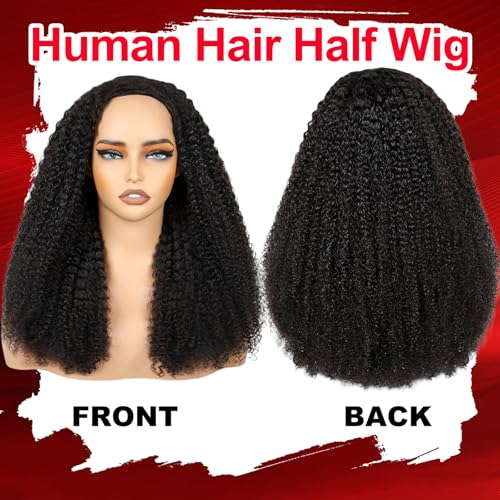 Kinky Curly Half Wig Human Hair 200% Density 3 In 1 Curly Half Wig Seamless Drawstring Curly Human Hair Wig Wear Go Glueless Wigs Human Hair Beginner Friendly (Kinky Curly Nautal Color, 16 Inch)