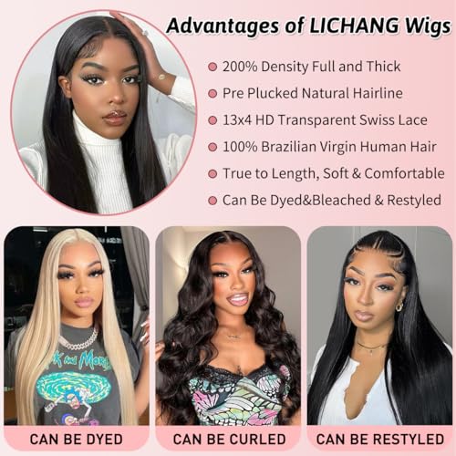 LICHANG Straight Lace Front Wigs Human Hair Pre Plucked for Black Women 13x4 Lace Frontal Wigs Human Hair 200% Density Brazilian Virgin Hair Glueless Wigs 26 Inch