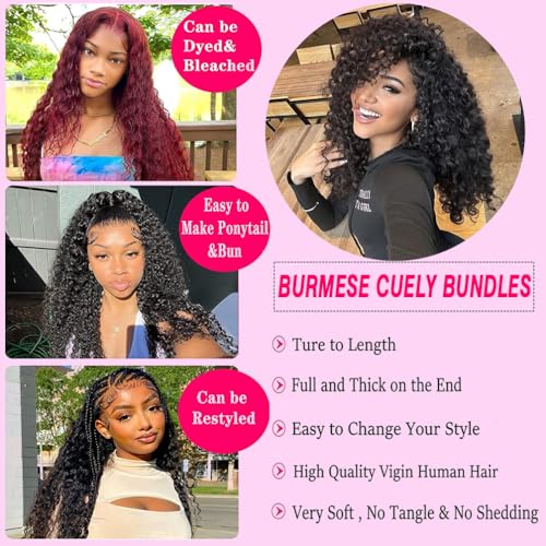 Burmese Curly 3 Bundles Human Hair £¨14 16 18£© 100% Unprocessed Virgin Hair Bundles Deals 14A Raw Water Curly Human Hair with Spriral End 3c4a Quick Weave for Black Women Natural Black