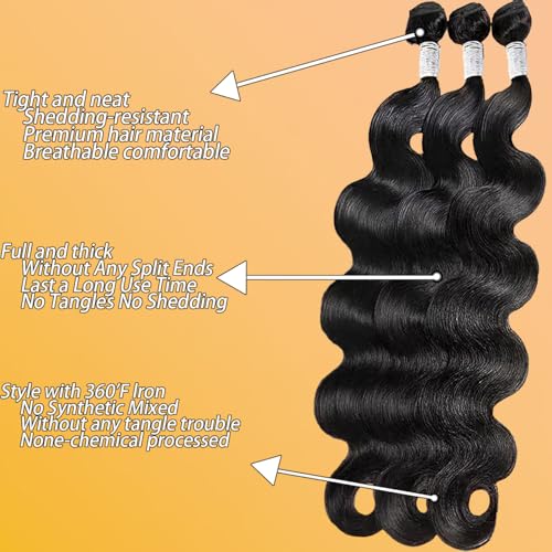 body wave human hair bundles 100% Unprocessed Brazilian human Hair3 Bundles 16 18 20 Inch 300g/Pack Body Wave Selected Healthy Natural Black soft Smooth Double Weft Quick Weft Extensions for Women