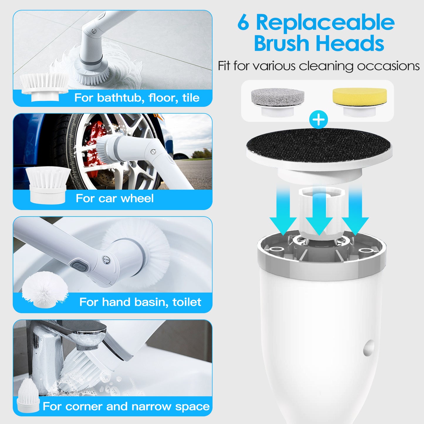 Electric Spin Scrubber Cordless Rechargeable Bathroom Tile Floor Cleaner with 6 Replaceable Heads