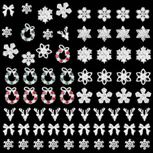 58 Pcs Christmas Nail Charms, Snowflake Bow Nail Charm, Wreath Elk Bow Silver Nail Charms, Xmas-Themed Alloy Silver Nails Art Charm for Christmas Nails DIY Design Craft