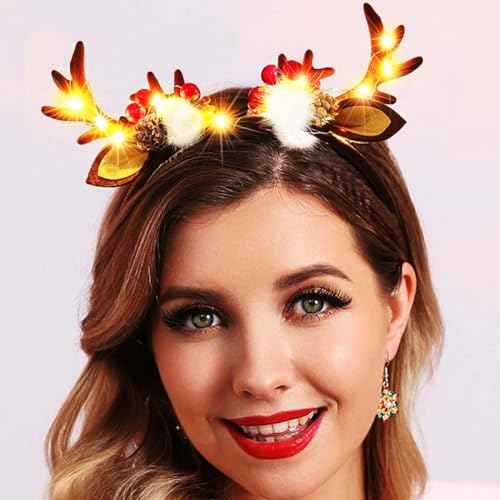 Fashey Christmas Light Up Headband Led Glitter Reindeer Antlers Hairband Flashing Deer Ears Xmas Headbands Christmas Headdress Hair Accessories for Women and Girls