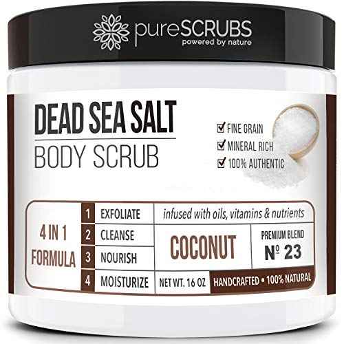 pureSCRUBS Premium Coconut Body Scrub Set - Large 16oz Dead Sea Salt Body Scrub With Infused Essential Oils & Nutrients, Includes Wooden Spoon, Loofah & Oatmeal Exfoliating Bar Soap
