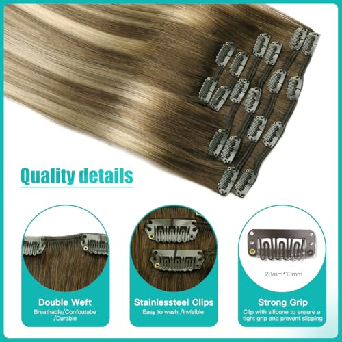 SURNEL Clip in Extensions Real Human Hair Balayage Clip in Hair Extensions 16 Inch 6pcs 100g Walnut Brown to Ash Brown and Golden Blonde Human Hair Extensions Clip ins (#3/8/22,16'')