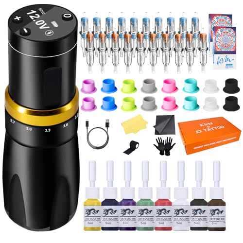 KVM Tattoo Gun Kit - Wireless Tattoo Machine - 7 Adjustable Stroke Options - 1500mAh Power Supply (Tattoo ink is for tattoo practice only)