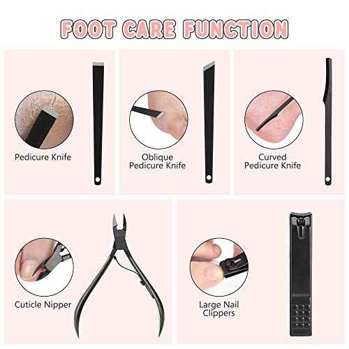 Manicure Set, Jubolion 19pcs Stainless Steel Professional Nail Clippers Pedicure Set with Black Leather Storage Case, Portable Grooming Kit for Travel or Home, Perfect Gifts Women and Men (Black)