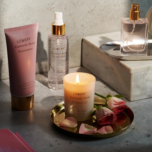 Womens Gifts, Birthday Gifts for Mom, Self Care Gifts for Women, Damask Rose Romance Spa Kit with Soy Candle, Perfume Roll On, Body Lotion, Body Mist & Eau de Parfum - Bath & Body Care Set