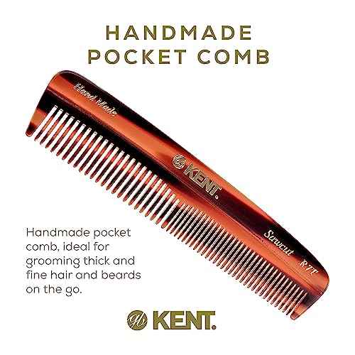 Kent R7T Fine and Wide Tooth Hair Comb, Handmade Pocket Comb for Men, Beard and Mustache Combs for Everyday Grooming and Styling, Sawcut Kent Combs, Made in England