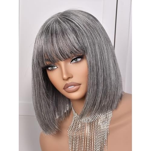 Bob Wig Human Hair 210% Density Bob Wig with Bangs 100% Human Hair Wigs for Black Women Pre-Bleached Glueless Straight Bob Wigs(10Inch)