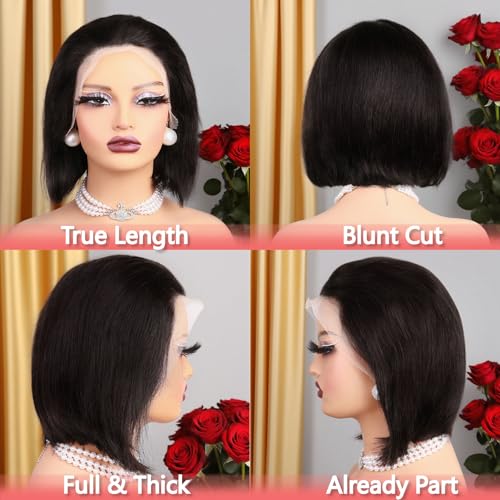10 Inch Bob Wig Human Hair 13x4 HD Lace Front Wigs Pre Plucked Short Bob Wig Lace Frontal Wigs for Black Women, Short Straight Glueless Human Hair Wig with Elastic Band, 180% Density, Natural Black
